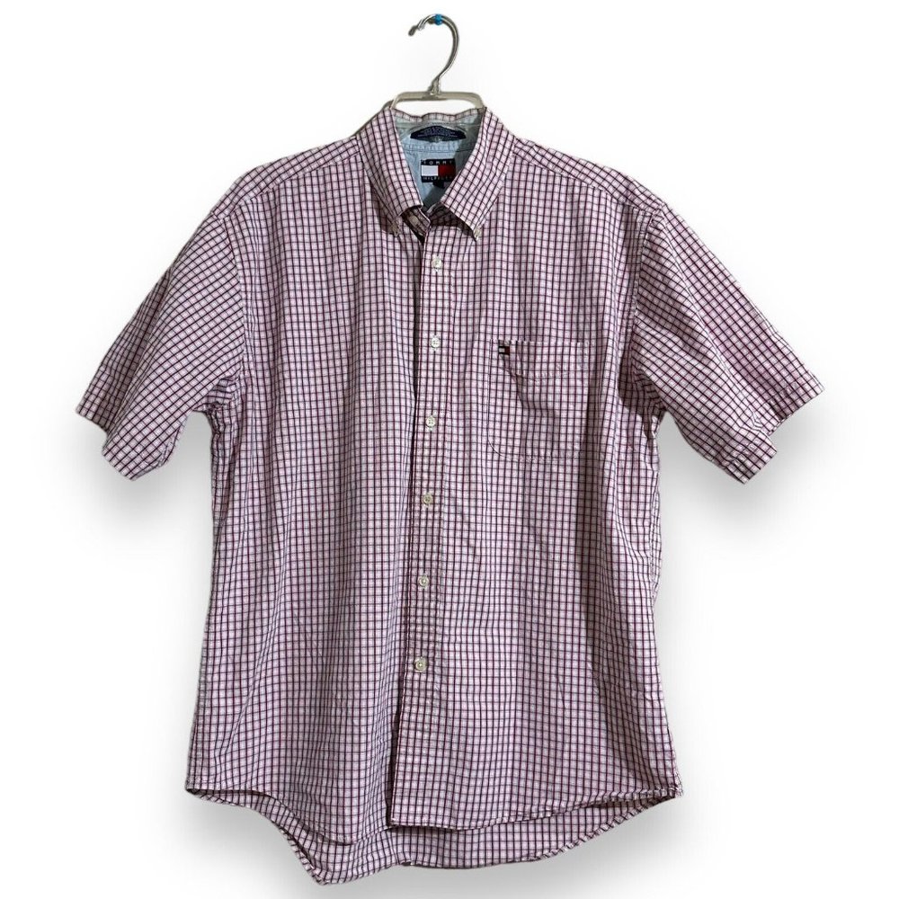 Tommy Hilfiger Shirt Mens XL Red Plaid Button Down Short Sleeve Cotton Adult